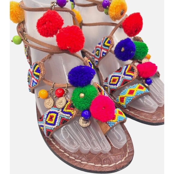 SIZE 7.5 Sam Edelman Lisabeth Beaded Charm Pom Boho Hippie Leather Sandals - Picture 3 of 12